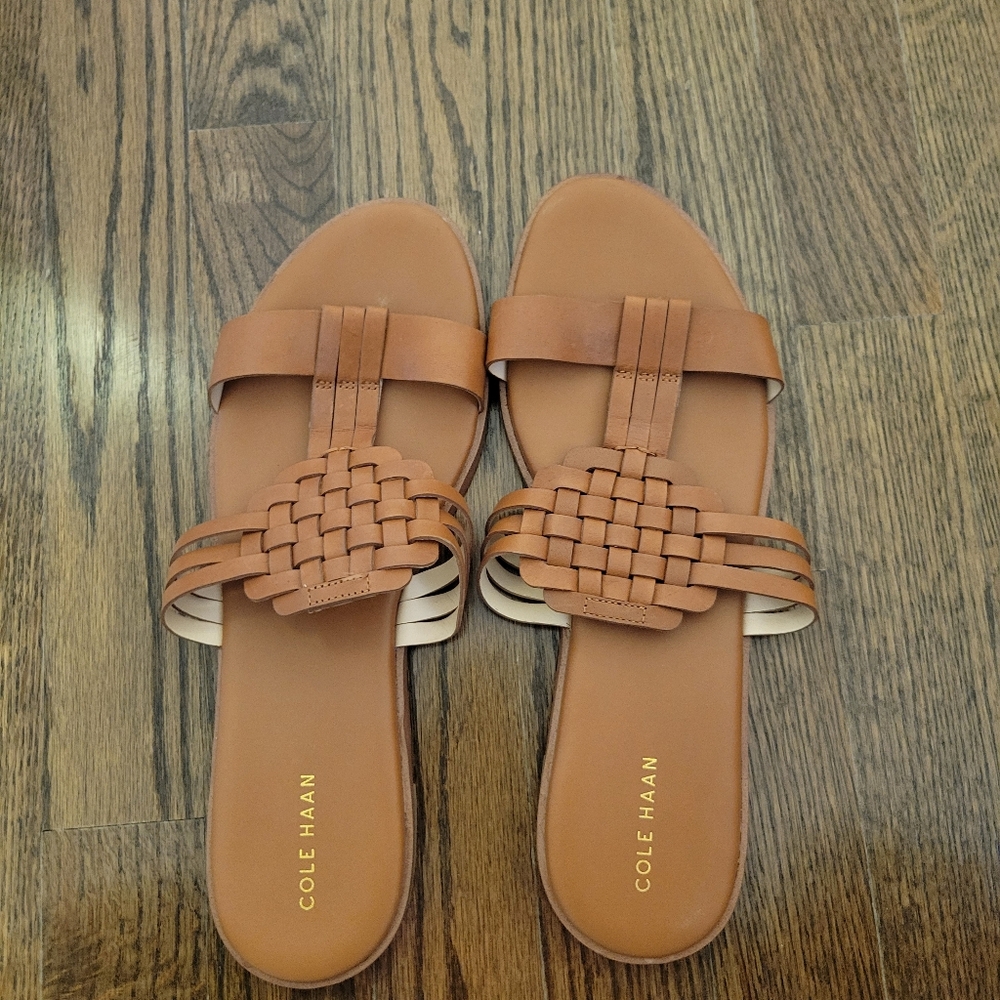 Cole Haan Findra Tan Woven Slide Sandals